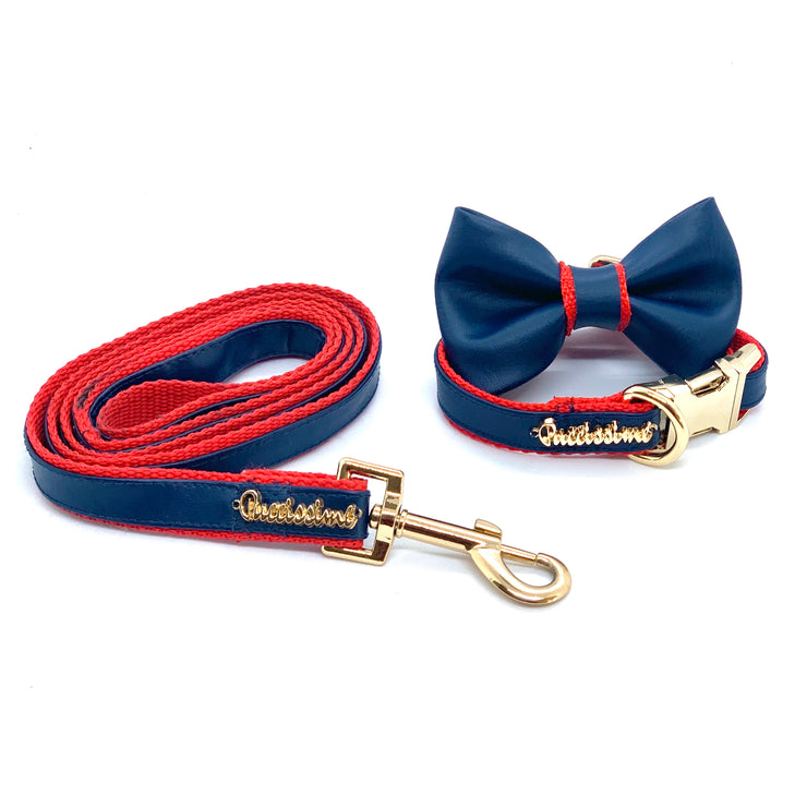Puccissime Cardinal red and navy luxury vegan leather matching set dog collar, bow tie and dog leash. MADE IN CANADA