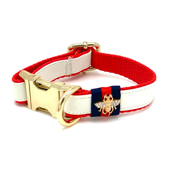 Puccissime La Parisienne white and red luxury vegan leather dog collar. MADE IN CANADA.