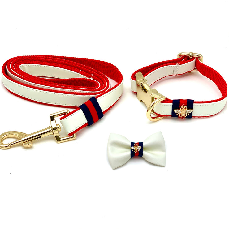 Puccissime La Parisienne white and red luxury vegan leather matching set dog leash and dog collar bow tie. MADE IN CANADA.