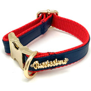 Puccissime Cardinal red and navy luxury vegan leather dog collar. MADE IN CANADA.