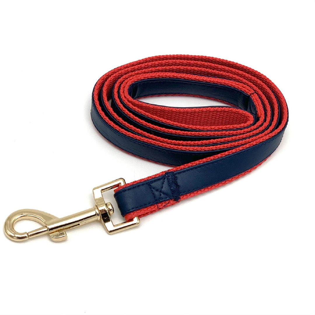 Puccissime Cardinal red and navy luxury vegan leather dog leash. MADE IN CANADA.