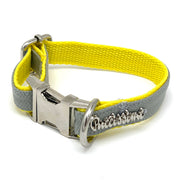 Puccissime Morning mist grey and yellow luxury vegan leather dog collar. MADE IN CANADA.