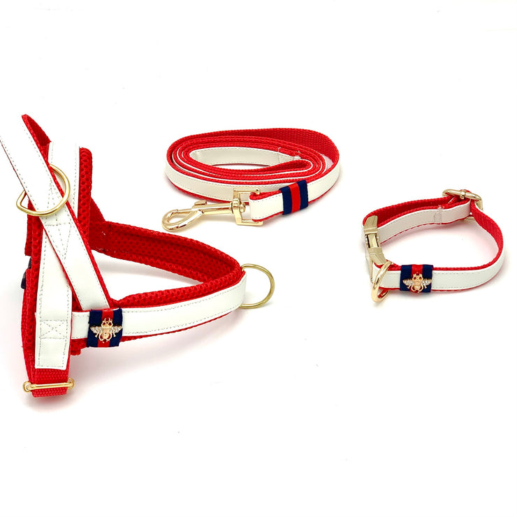 Puccissime La Parisienne white and red luxury vegan leather dog accessories matching set. Norwegian one click no pull no choke no mat easy wear dog harness, dog collar and dog leash. MADE IN CANADA.