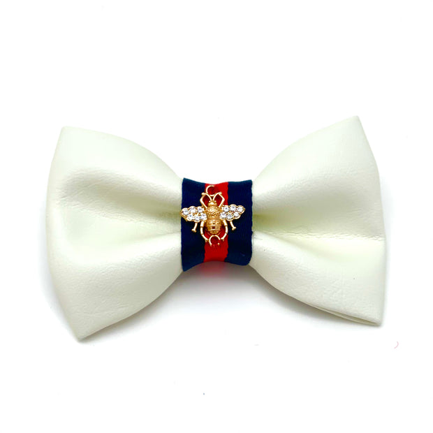 Puccissime La Parisienne white and red luxury vegan leather dog bow tie. MADE IN CANADA.