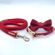 Puccissime Cherry red luxury vegan leather matching set dog leash and dog collar bow tie. MADE IN CANADA.