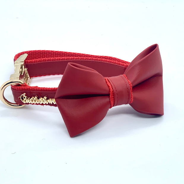 Puccissime Cherry red luxury vegan leather matching set dog collar and bow tie. MADE IN CANADA.