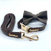 Puccissime Grizzly brown luxury vegan leather matching set dog leash and dog collar bow tie. MADE IN CANADA.
