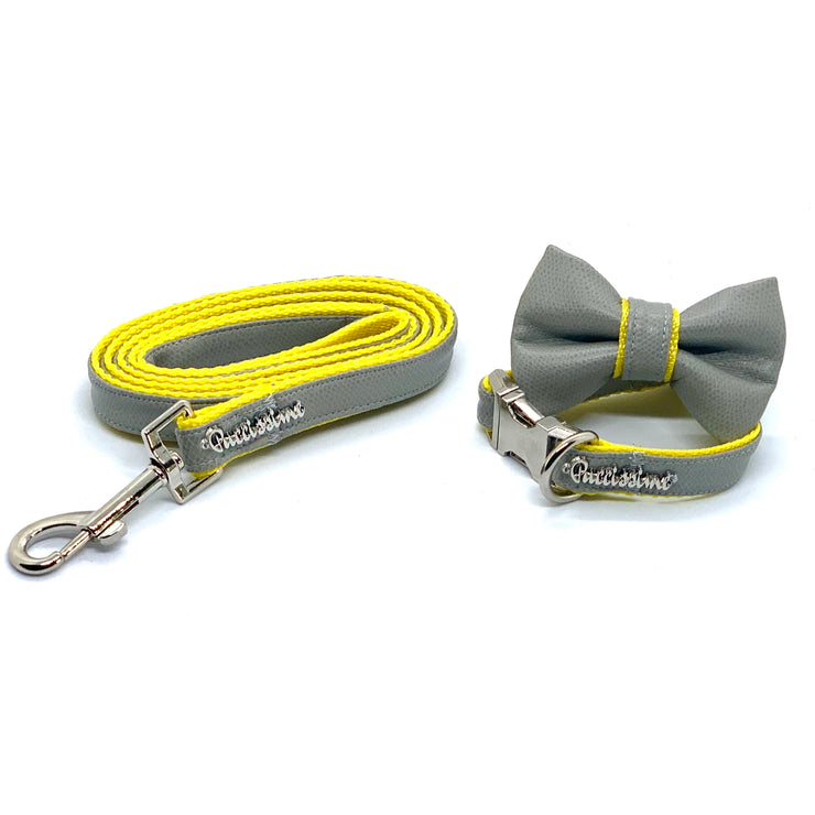 Puccissime Morning mist grey and yellow luxury vegan leather matching set dog leash and dog collar bow tie. MADE IN CANADA.