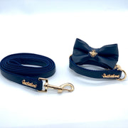 Puccissime Neptune navy luxury vegan leather matching set dog leash and dog collar bow tie. MADE IN CANADA.