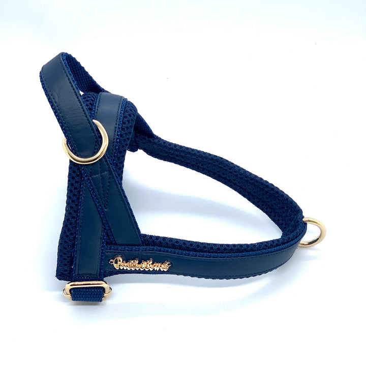 Puccissime Neptune navy luxury vegan leather Norwegian one click harness. No pull no choke no mat easy wear. MADE IN CANADA