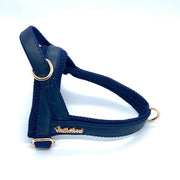 Puccissime Neptune navy luxury vegan leather Norwegian one click harness. No pull no choke no mat easy wear. MADE IN CANADA
