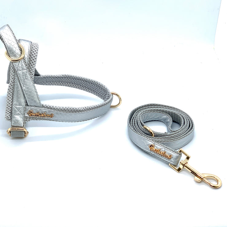 Puccissime Diva silver luxury vegan leather dog accessories matching set. Norwegian one click no pull no choke no mat easy wear dog harness and dog leash. MADE IN CANADA.