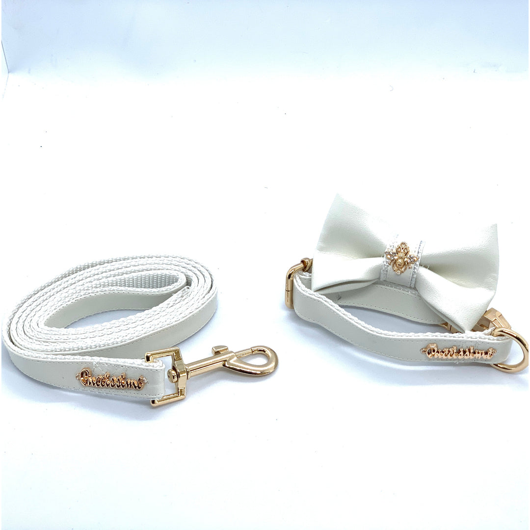 Puccissime Swan white luxury vegan leather matching set dog leash and dog collar bow tie. MADE IN CANADA.