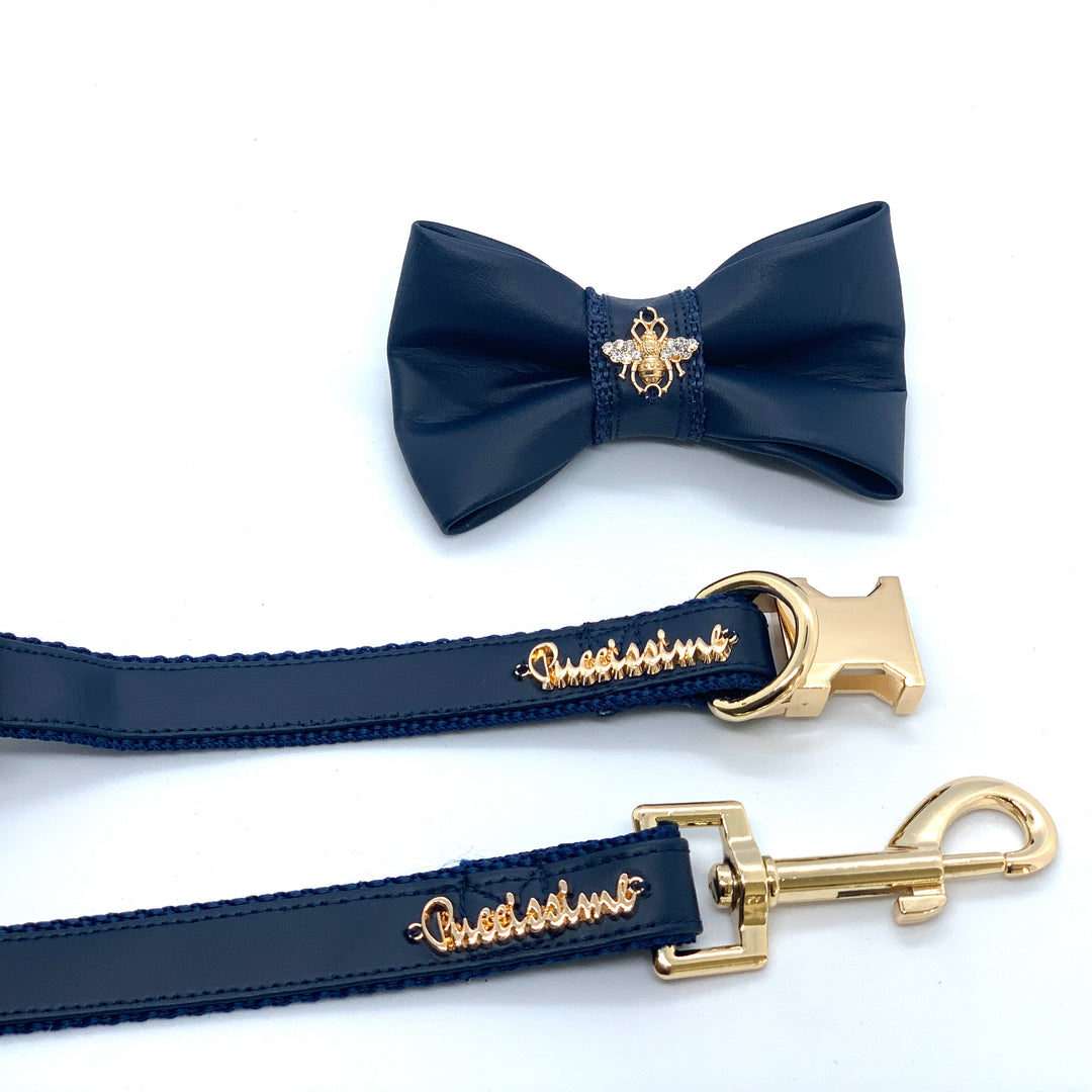 Puccissime Neptune navy luxury vegan leather matching set dog leash and dog collar bow tie. MADE IN CANADA.