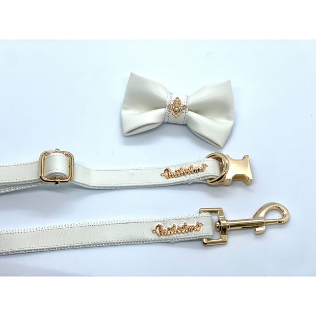 Puccissime Swan white luxury vegan leather matching set dog leash and dog collar bow tie. MADE IN CANADA.