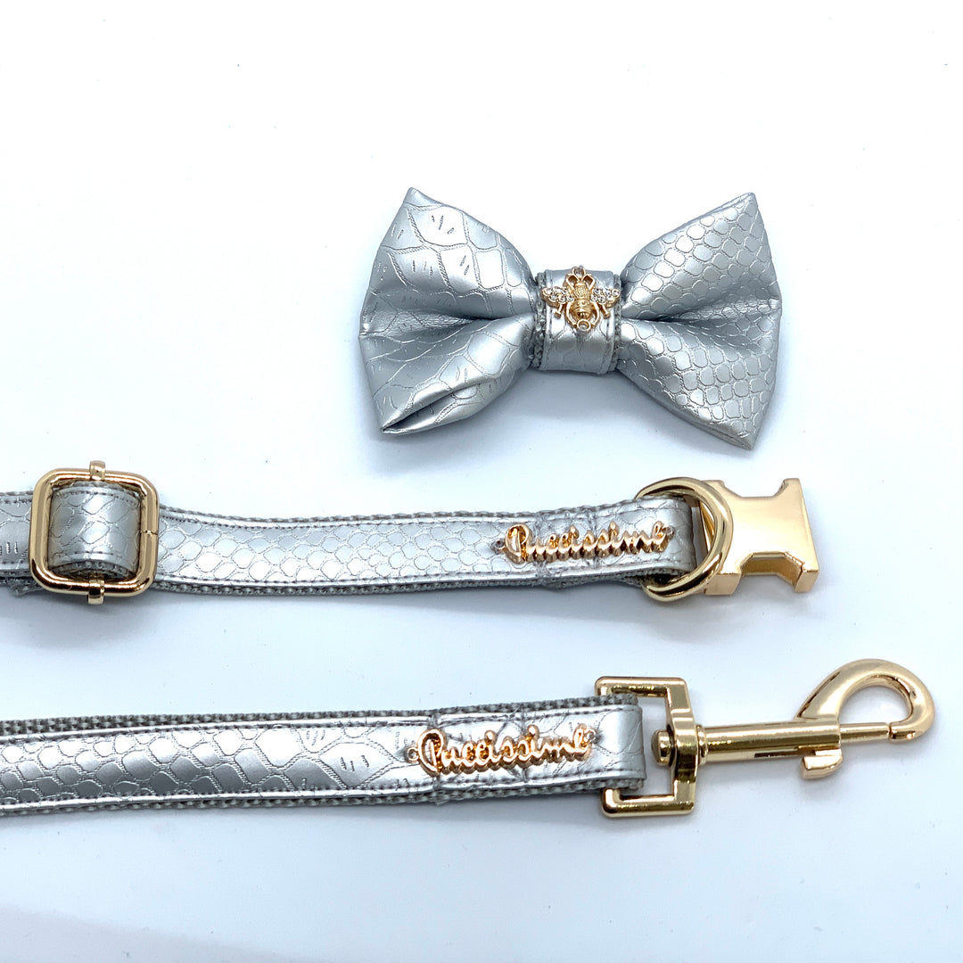 Puccissime Diva silver luxury vegan leather matching set dog leash and dog collar bow tie. MADE IN CANADA.