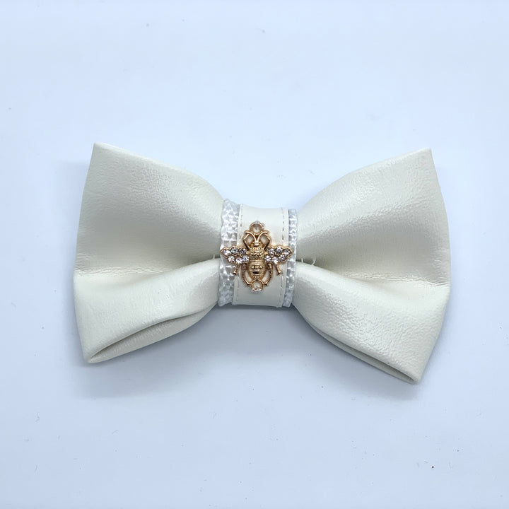 Puccissime Swan white luxury vegan leather dog bow tie. MADE IN CANADA.