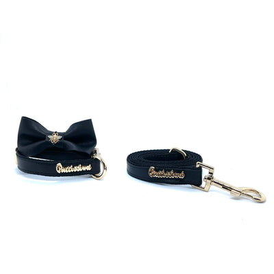 Puccissime Raven black luxury vegan leather matching set dog leash dog collar bow tie. MADE IN CANADA.