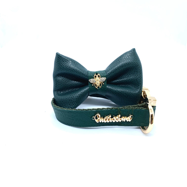 Puccissime Jade green luxury vegan leather matching set dog collar and bow tie. MADE IN CANADA.