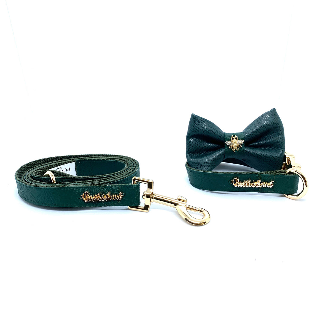 Puccissime Jade green luxury vegan leather matching set dog leash dog collar bow tie. MADE IN CANADA.