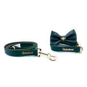 Puccissime Jade green luxury vegan leather matching set dog leash dog collar bow tie. MADE IN CANADA.
