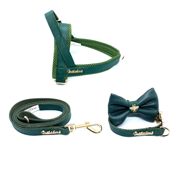 Puccissime Jade green luxury vegan leather dog accessories matching set. Norwegian one click no pull no choke no mat easy wear dog harness, dog collar bow tie and leash. MADE IN CANADA.