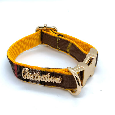 Puccissime Medallion brown yellow plaid luxury cotton dog collar. MADE IN CANADA.