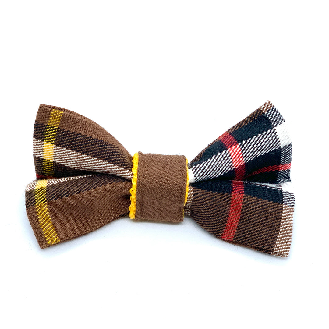 Puccissime Medallion brown yellow plaid luxury cotton dog bow tie. MADE IN CANADA.