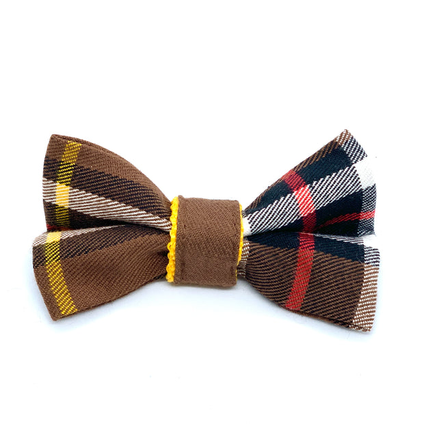 Puccissime Medallion brown yellow plaid luxury cotton dog bow tie. MADE IN CANADA.