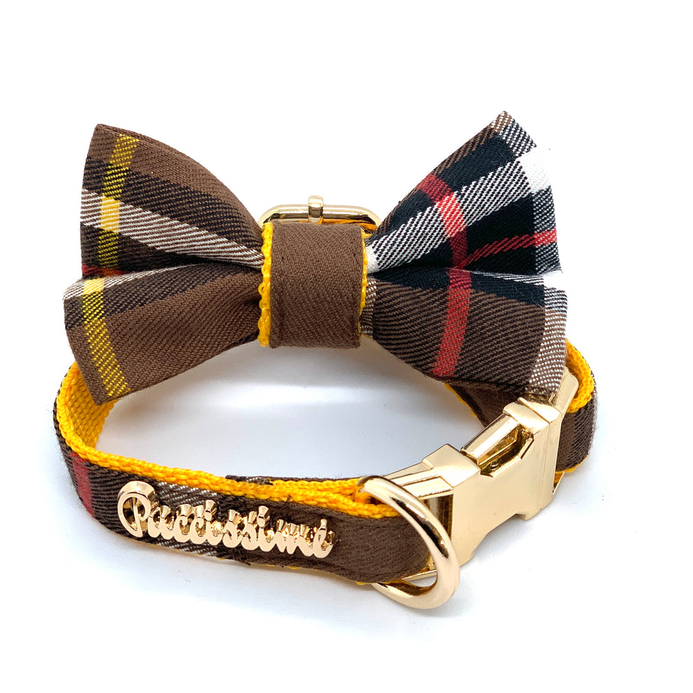 Puccissime Medallion brown yellow plaid luxury cotton matching set dog collar and bow tie. MADE IN CANADA.