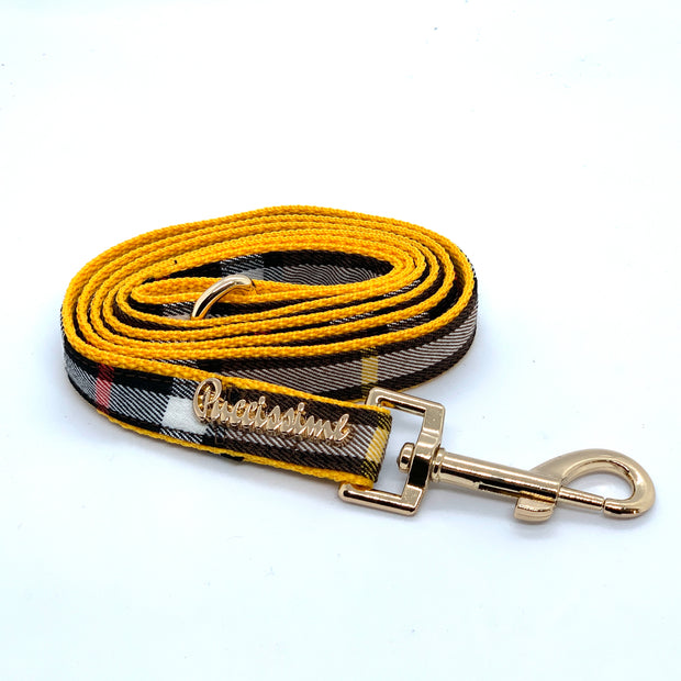 Puccissime Medallion brown yellow plaid luxury cotton dog leash. MADE IN CANADA.