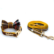 Puccissime Medallion brown yellow plaid luxury cotton leather matching set dog leash dog collar bow tie. MADE IN CANADA.