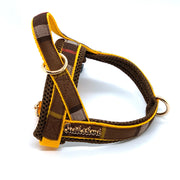 Puccissime Medallion brown yellow plaid luxury cotton Norwegian one click harness. No pull no choke no mat easy wear. MADE IN CANADA