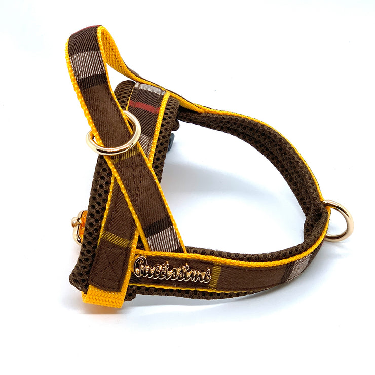 Puccissime Medallion brown yellow plaid luxury cotton Norwegian one click harness. No pull no choke no mat easy wear. MADE IN CANADA