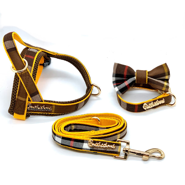 Puccissime Medallion brown yellow plaid luxury cotton dog accessories matching set. Norwegian one click no pull no choke no mat easy wear dog harness, dog collar bow tie and leash. MADE IN CANADA.