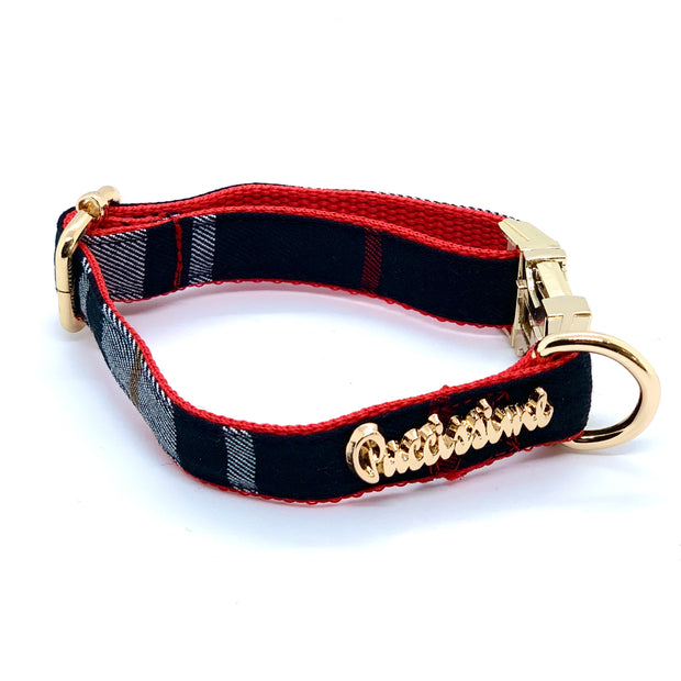 Puccissime Collette black, red, white plaid luxury cotton dog collar. MADE IN CANADA.