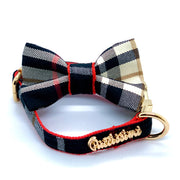 Puccissime Collette black, red, white plaid luxury cotton matching set dog collar and bow tie. MADE IN CANADA.