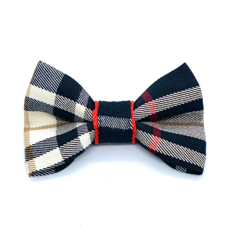 Puccissime Collette black, red, white plaid luxury cotton dog bow tie. MADE IN CANADA.