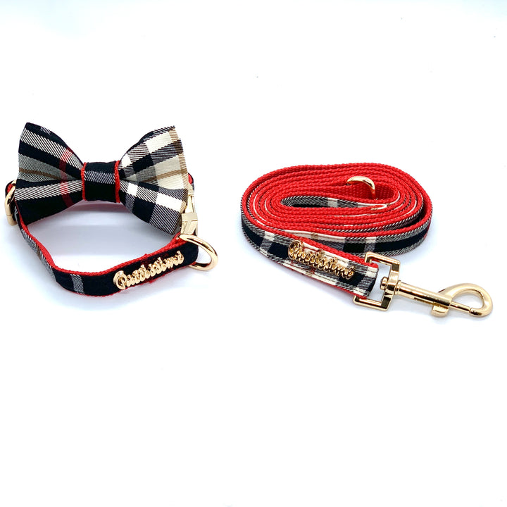 Puccissime Collette black, red, white plaid luxury cotton matching set dog leash dog collar bow tie. MADE IN CANADA.