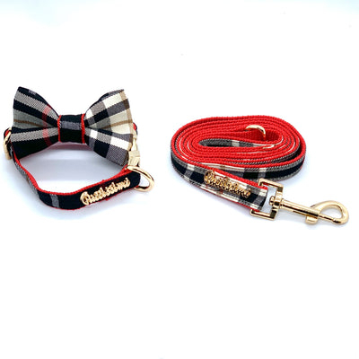 Puccissime Collette black, red, white plaid luxury cotton matching set dog leash dog collar bow tie. MADE IN CANADA.