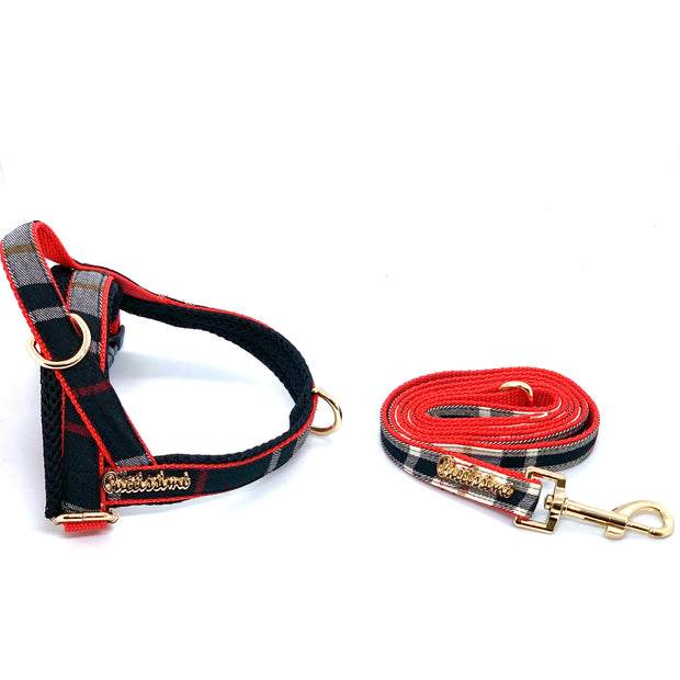 Puccissime Collette black, red, white plaid luxury cotton dog accessories matching set. Norwegian one click no pull no choke no mat easy wear dog harness and dog leash. MADE IN CANADA.