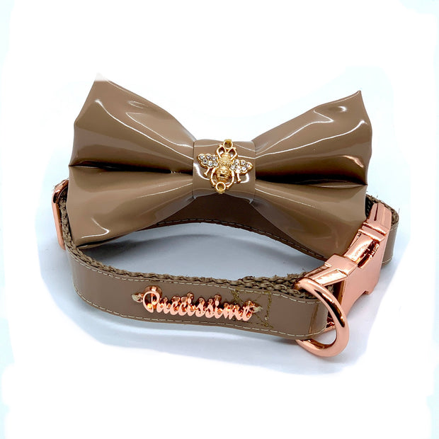 Puccissime Champagne beige luxury vegan leather matching set dog collar and bow tie. MADE IN CANADA.