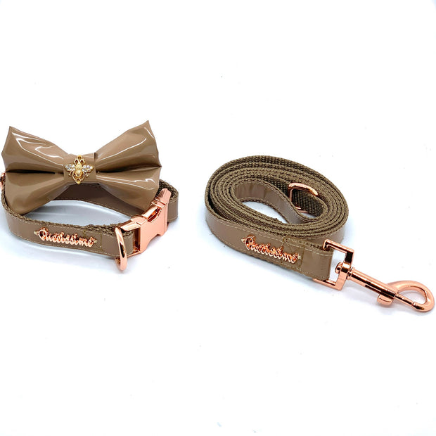 Puccissime Champagne beige luxury vegan leather matching set dog leash dog collar bow tie. MADE IN CANADA.