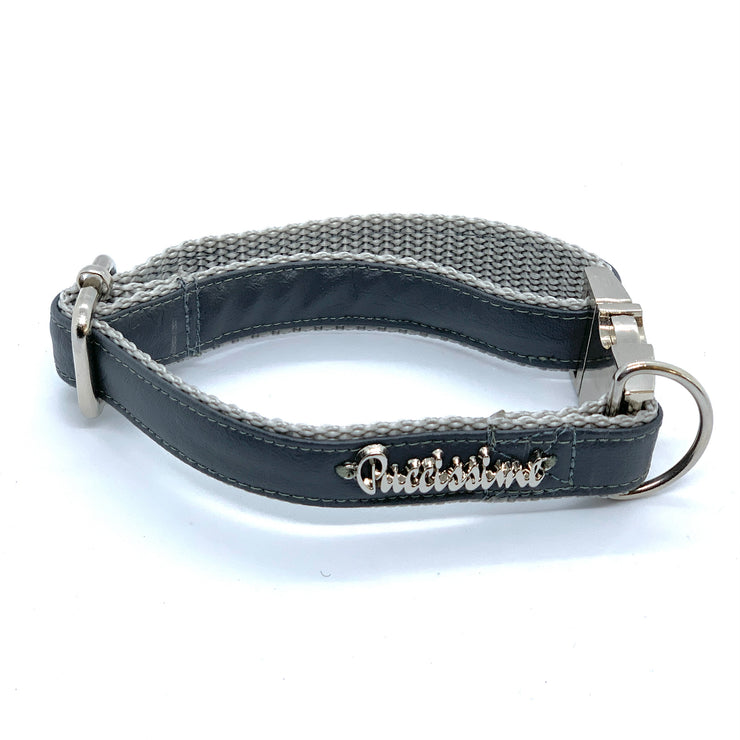 Puccissime Shadow dark grey luxury vegan leather dog collar. MADE IN CANADA.