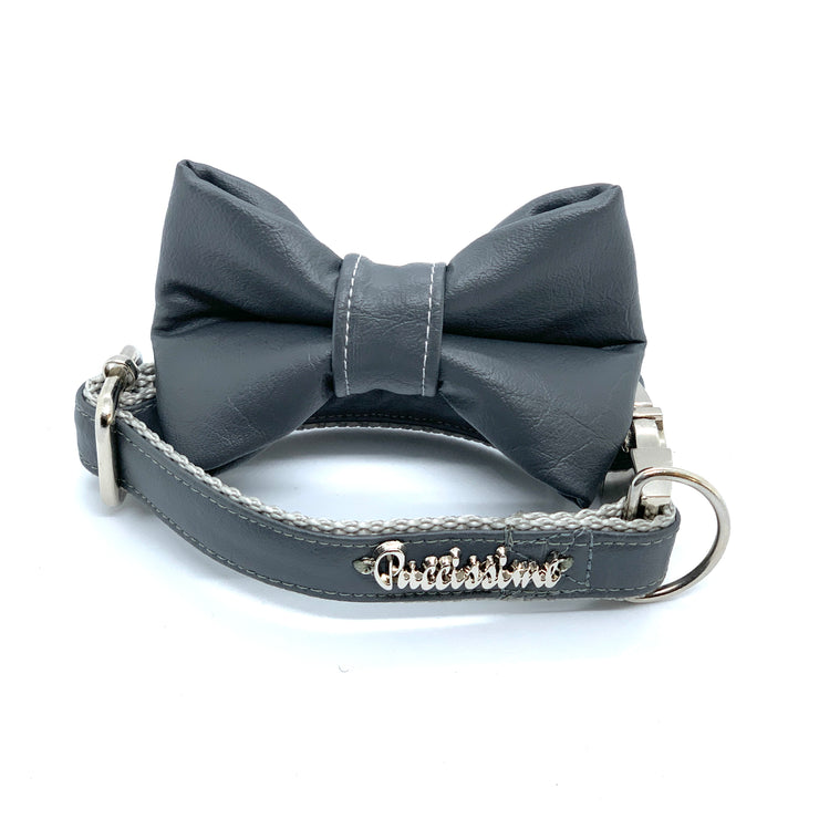 Puccissime Shadow dark grey luxury vegan leather matching set dog collar and bow tie. MADE IN CANADA.