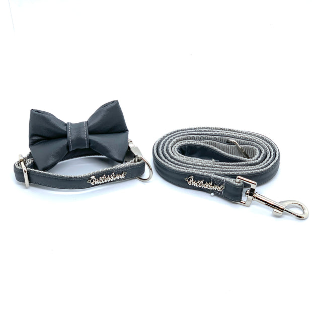 Puccissime Shadow dark grey luxury vegan leather matching set dog leash dog collar bow tie. MADE IN CANADA.