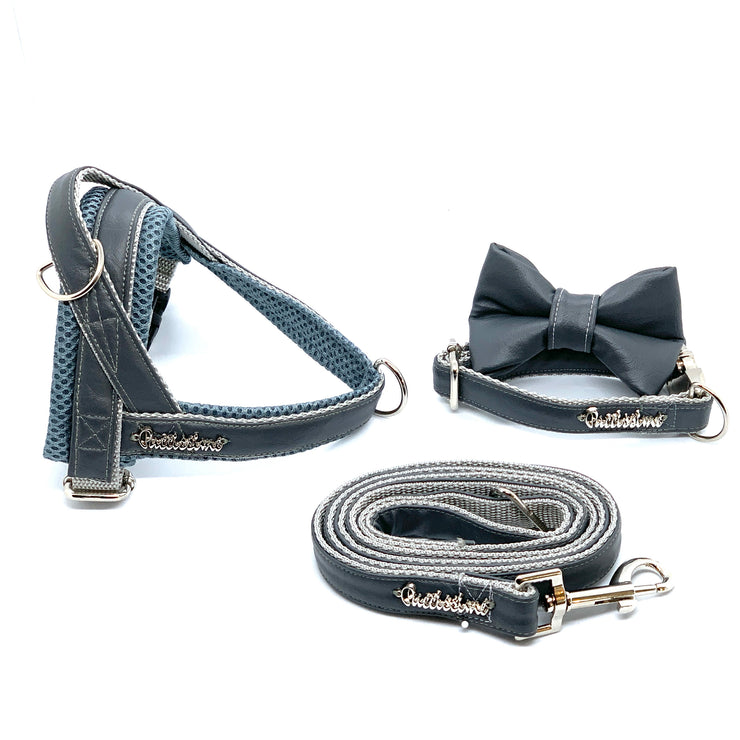 Puccissime Shadow dark grey luxury vegan leather dog accessories matching set. Norwegian one click no pull no choke no mat easy wear dog harness, dog collar bow tie and leash. MADE IN CANADA.