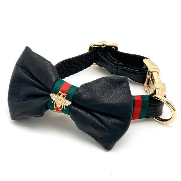 Genuine black leather designer dog collar & bow tie