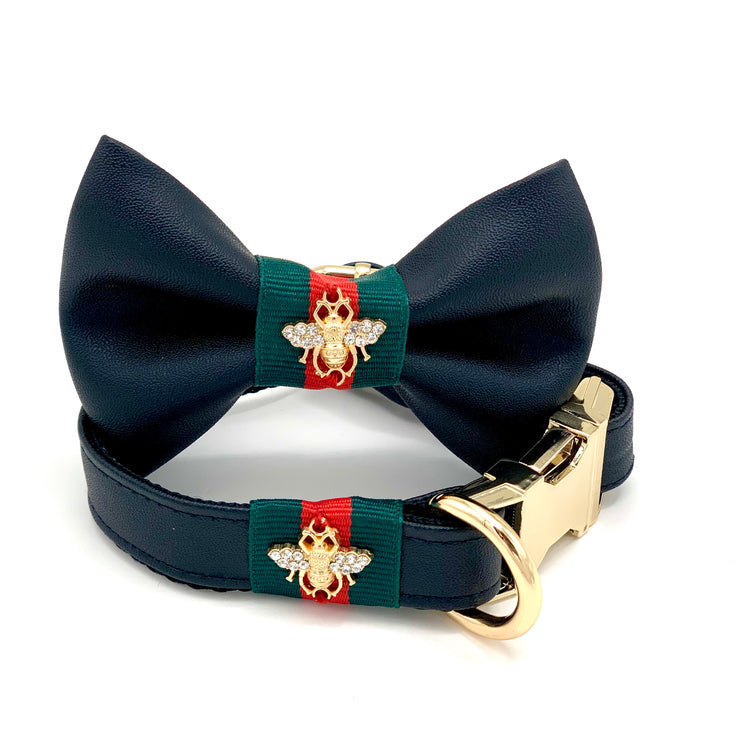Puccissime Jaguar Black luxury vegan leather dog bow tie. MADE IN CANADA