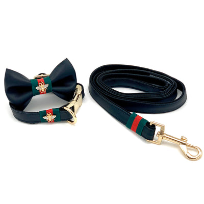 Puccissime Jaguar Black luxury vegan leather dog collar, dog leash and bow tie. MADE IN CANADA
